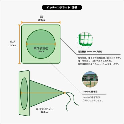 バッティングネット 集球ネット 幅200cm×高さ200cm [440T(440d)/37.5mm
